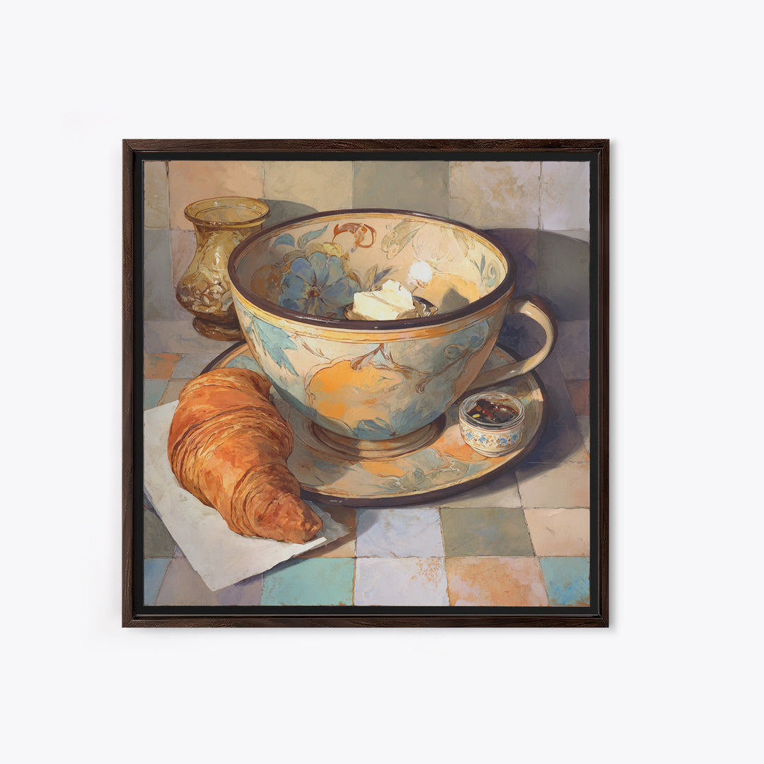 Caf Au Lait Bowl Framed Canvas Print, French Country Art, Digital Art Prints, Farmhouse Decor, Watercolor Art, Country, FCA-1x1-58