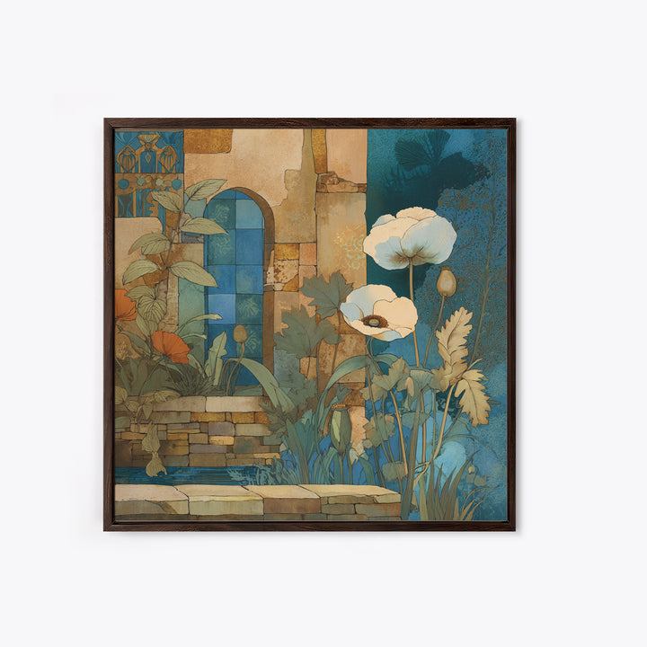 Poppies Beside a Stone Garden Wall Framed Canvas Print, French Country Art, Landscape Wall Art, Farmhouse Decor, Oil Painting, FCA-1x1-63