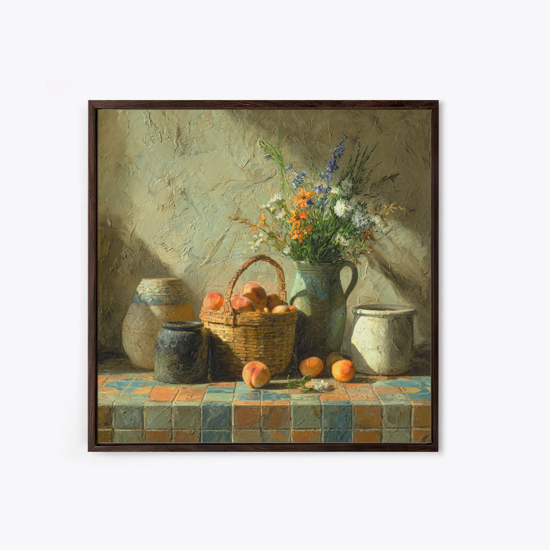 Basket of Fresh Peaches and Wildflowers Canvas Print, French Country Art, Eclectic Wall Art, Farmhouse Decor, Country, FCA-1x1-68
