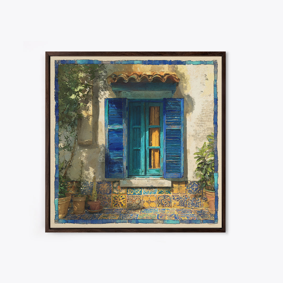 Weathered Window with Blue Shutters Canvas Print, French Country Art, Botanical Wall Art, Farmhouse Decor, Watercolor Art, FCA-1x1-69
