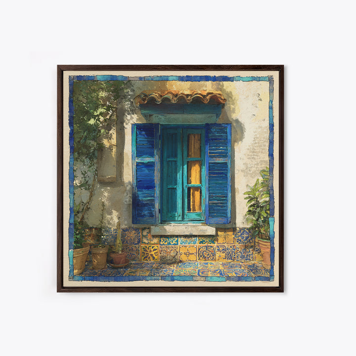 Weathered Window with Blue Shutters Canvas Print, French Country Art, Botanical Wall Art, Farmhouse Decor, Watercolor Art, FCA-1x1-69