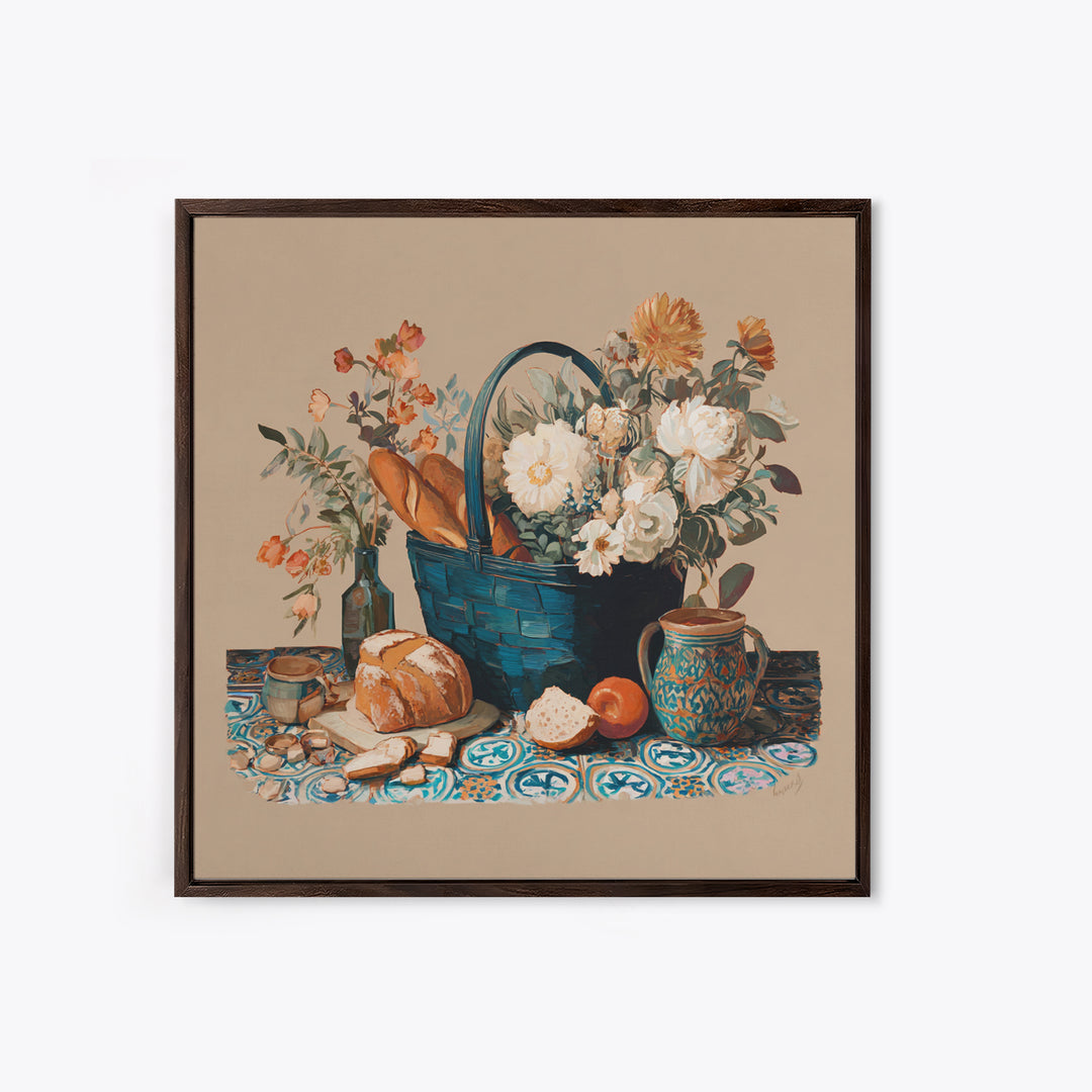 French Market Basket Framed Canvas Print, French Country Art, Digital Wall Art, Farmhouse Decor, Oil Painting, Country, FCA-1x1-7
