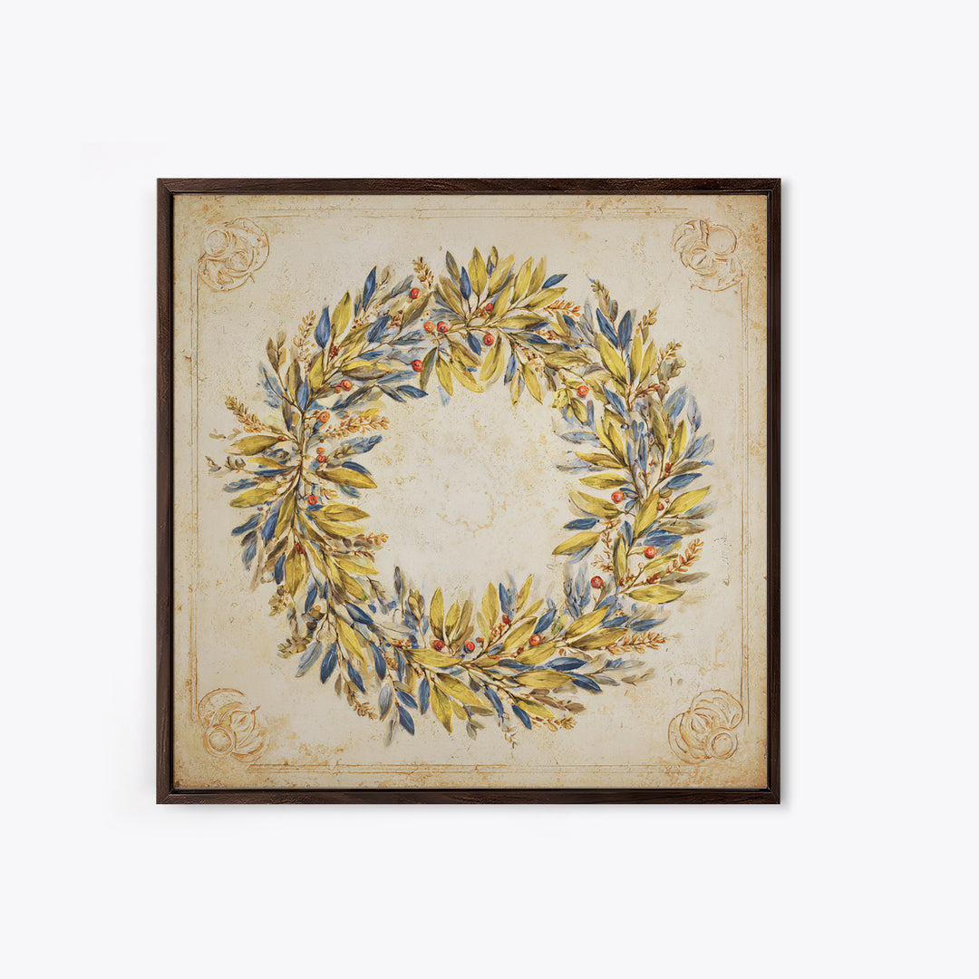 Olive Branch Wreath on Cream Ground Canvas Print, French Country Art, Farmhouse Wall Decor, Farmhouse Decor, Country, FCA-1x1-70