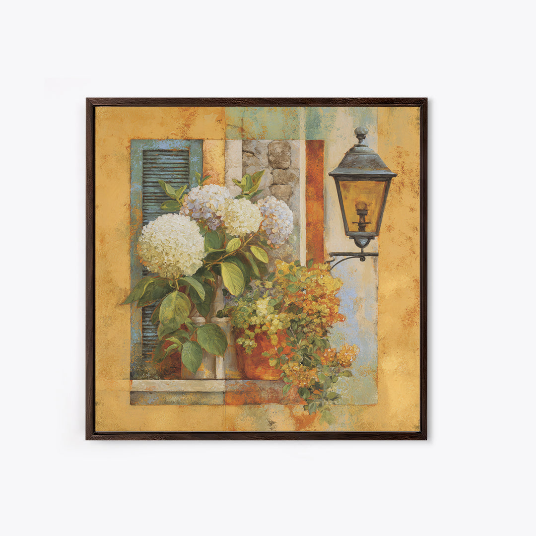 Soft Hydrangeas Beside Antique Shutters Framed Canvas Print, French Country Art, Home Decor, Farmhouse Decor, Fine Art, Country, FCA-1x1-80