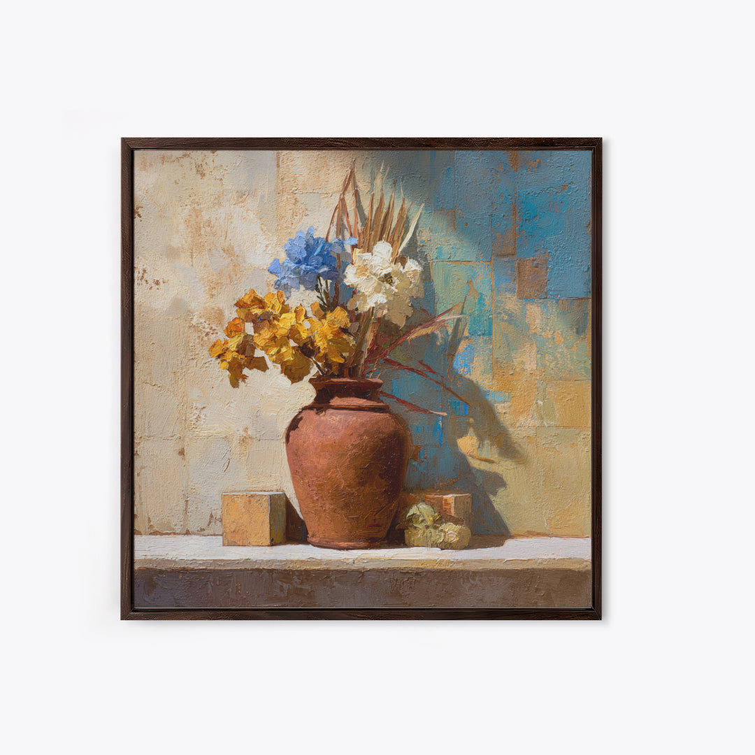 Antique Copper Pot and Flowers Still Life Framed Canvas Print, French Country Art, Wall Art, Farmhouse Decor, Fine Art, Country, FCA-1x1-96
