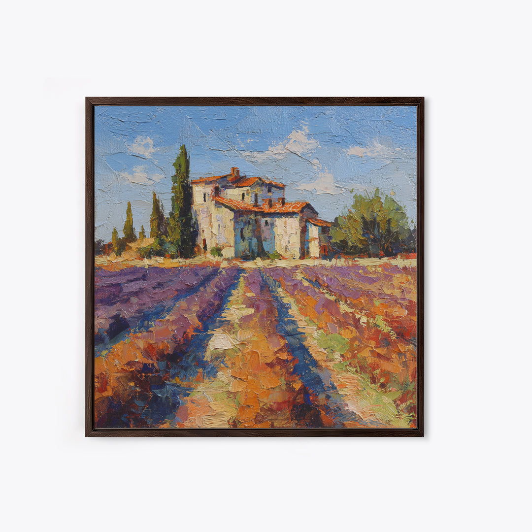 Lavender Field with Distant Stone Farmhouse Canvas Print, French Country Art, Farmhouse Decor, Oil Painting, Country, FCA-1x1-97