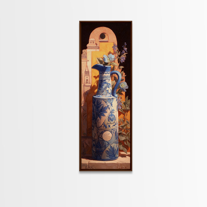 Blue and White Ceramic Pitcher Framed Canvas Print, French Country Art, Landscape Wall Art, Farmhouse Decor, Fine Art, Country, FCA-1x3-15