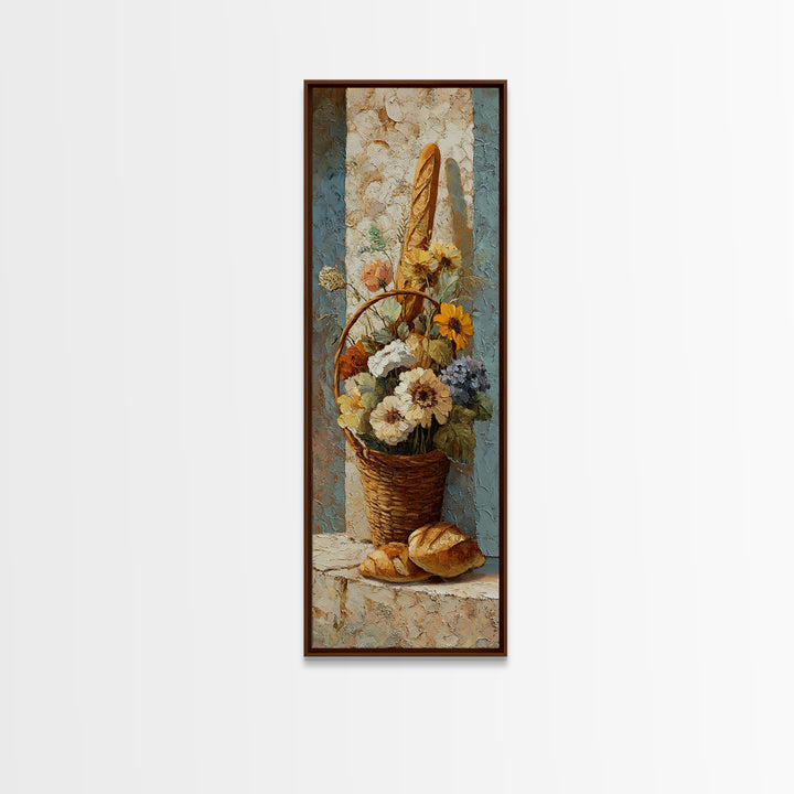 French Market Basket Framed Canvas Print, French Country Art, Downloadable Art, Farmhouse Decor, Oil Painting, Country, FCA-1x3-19