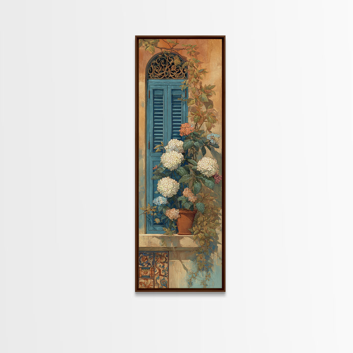 Soft Hydrangeas Beside Antique Shutters Framed Canvas Print, French Country Art, Eclectic Wall Art, Farmhouse Decor, Country, FCA-1x3-20