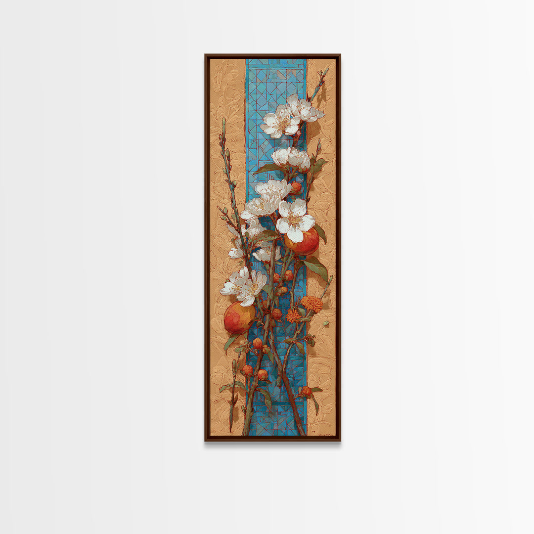Basket of Fresh Peaches and Wildflowers Canvas Print, French Country Art, Farmhouse Wall Art, Farmhouse Decor, Watercolor Art, FCA-1x3-32
