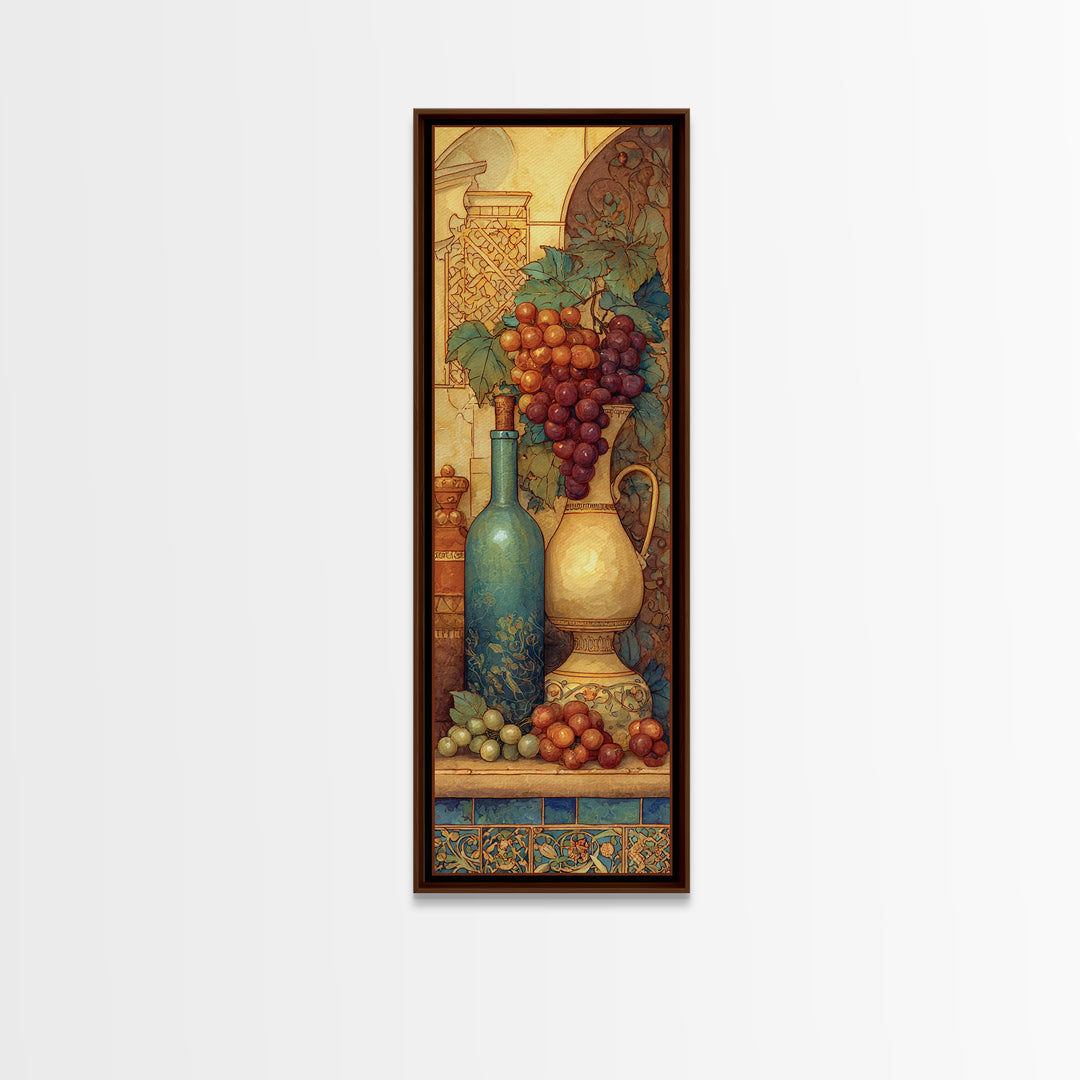 Grapes and Wine Still Life Framed Canvas Print, French Country Art, French Country Decor, Farmhouse Decor, Oil Painting, FCA-1x3-45