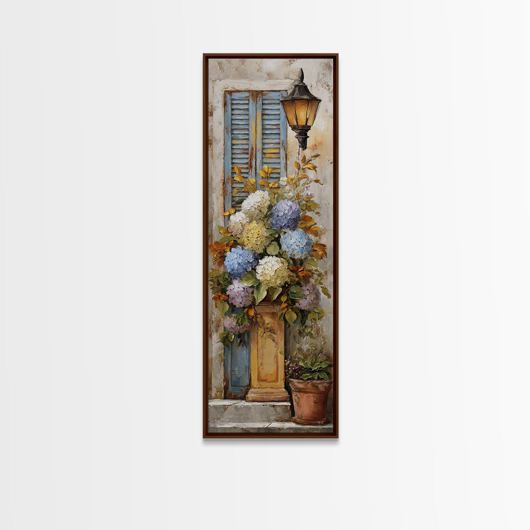 Soft Hydrangeas Beside Antique Shutters Canvas Print, French Country Art, Luxury Decor, Farmhouse Decor, Fine Art, Country, FCA-1x3-68