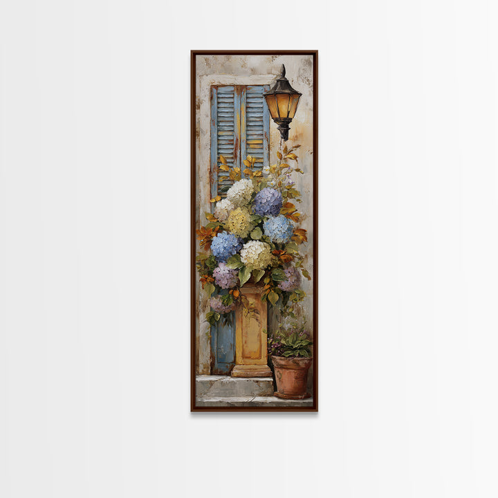 Soft Hydrangeas Beside Antique Shutters Canvas Print, French Country Art, Luxury Decor, Farmhouse Decor, Fine Art, Country, FCA-1x3-68