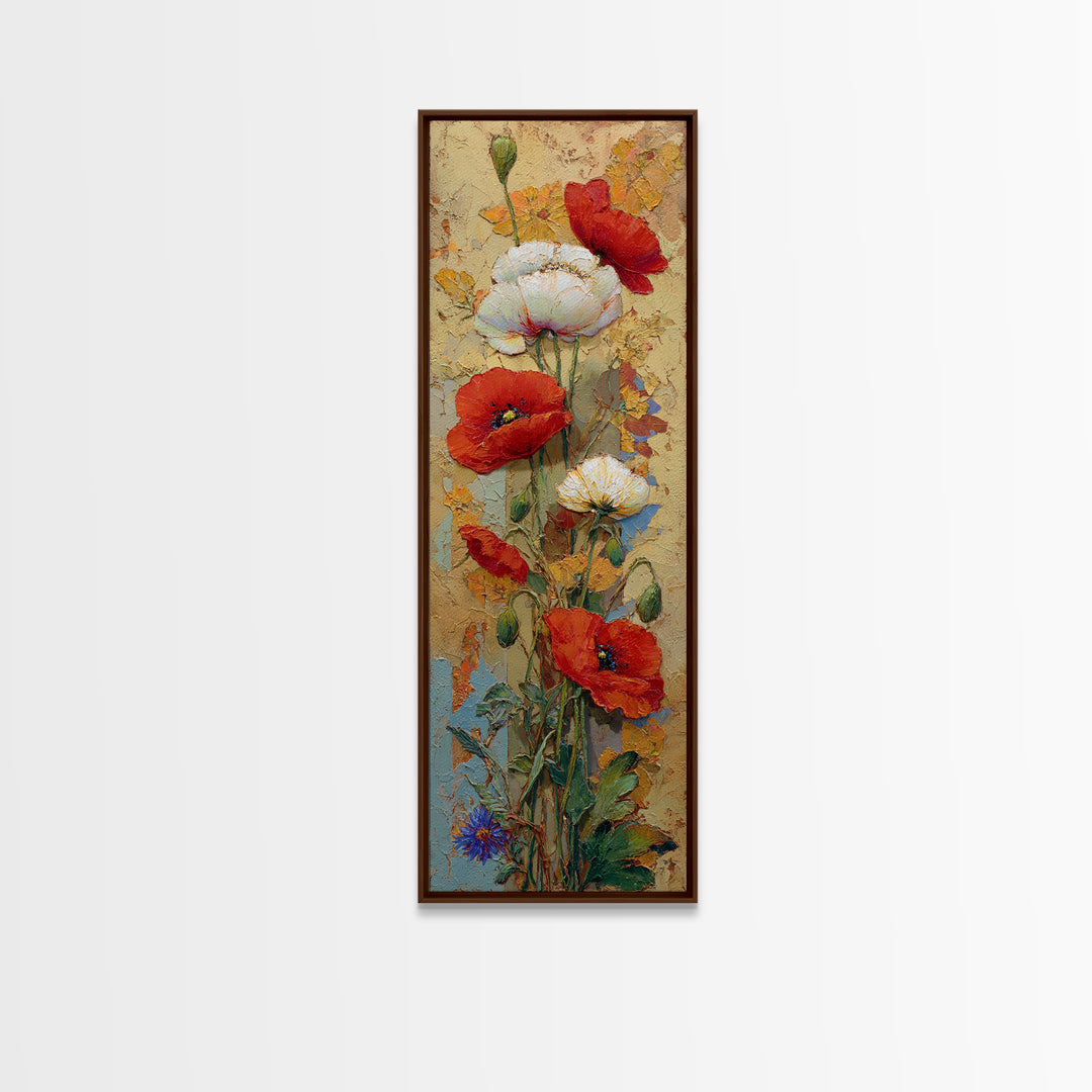 Poppies Beside a Stone Garden Wall Framed Canvas Print, French Country Art, Wall Art, Farmhouse Decor, Oil Painting, Country, FCA-1x3-75