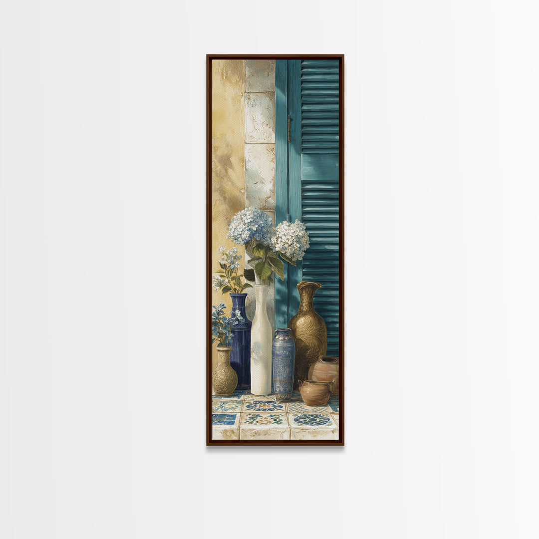 Soft Hydrangeas Beside Antique Shutters Framed Canvas Print, French Country Art, Contemporary Art, Farmhouse Decor, Country, FCA-1x3-92