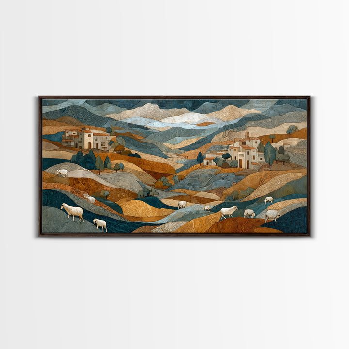 Pastoral Sheep in Rolling Countryside Framed Canvas Print, French Country Art, Home Decor, Farmhouse Decor, Fine Art, Country, FCA-2x1-10