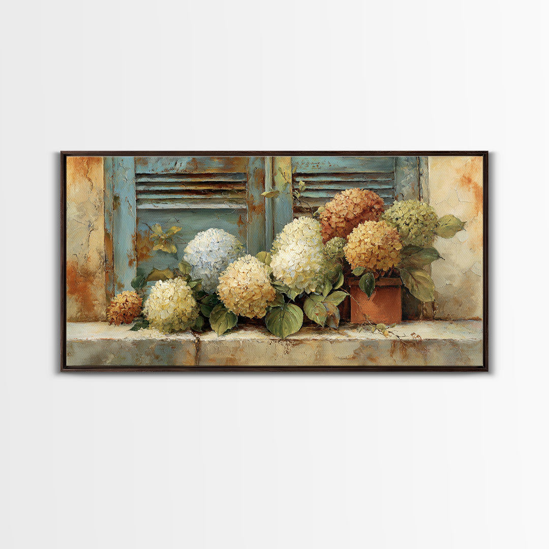 Soft Hydrangeas Beside Antique Shutters Framed Canvas Print, French Country Art, Textured Painting, Farmhouse Decor, Country, FCA-2x1-28
