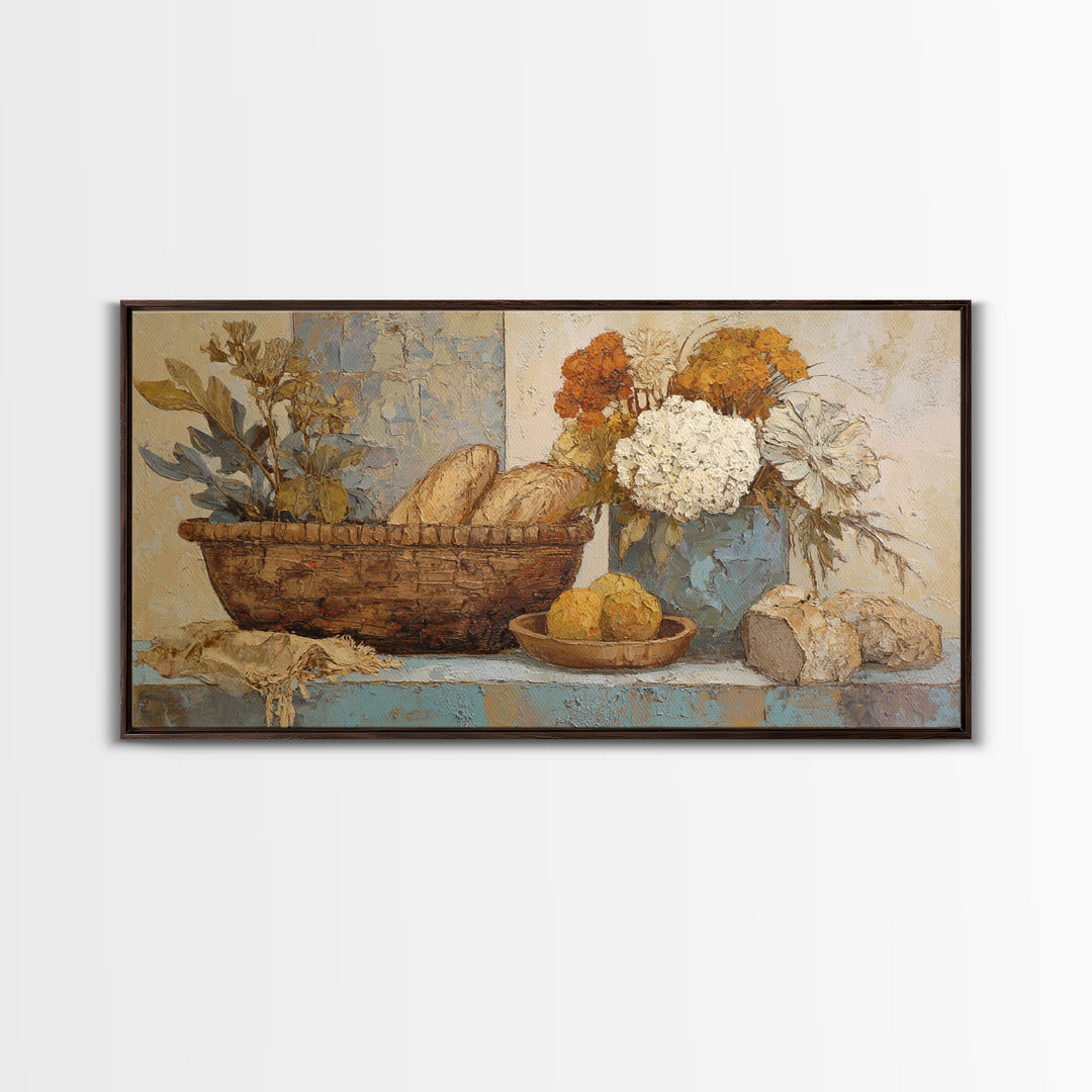 French Market Basket Framed Canvas Print, French Country Art, Digital Wall Art, Farmhouse Decor, Oil Painting, Country, FCA-2x1-3