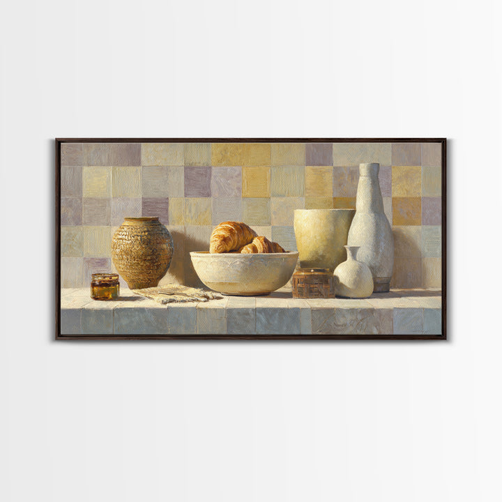 Caf Au Lait Bowl Framed Canvas Print, French Country Art, Above Bed Art, Farmhouse Decor, Fine Art, Country, Textured Painting, FCA-2x1-30