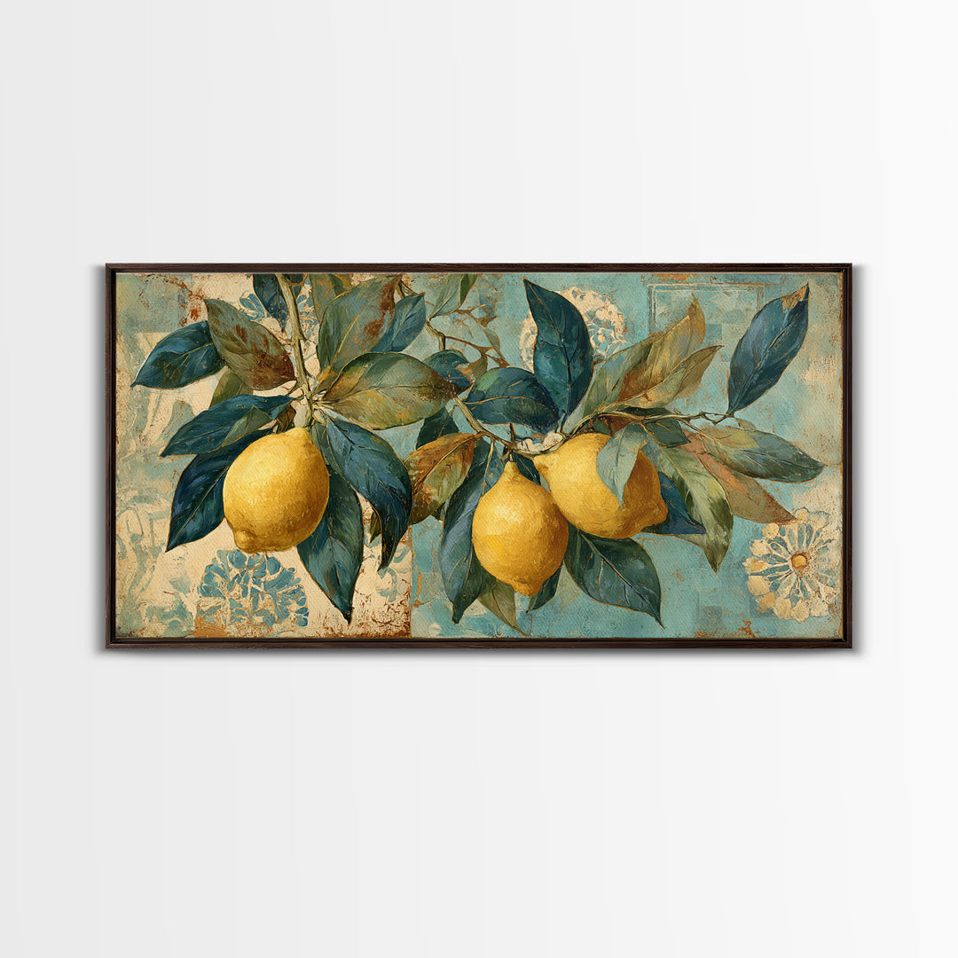 Aged Botanical Plate of Lemons and Leaves Canvas Print, French Country Art, Farmhouse Decor, Watercolor Art, Country, FCA-2x1-32