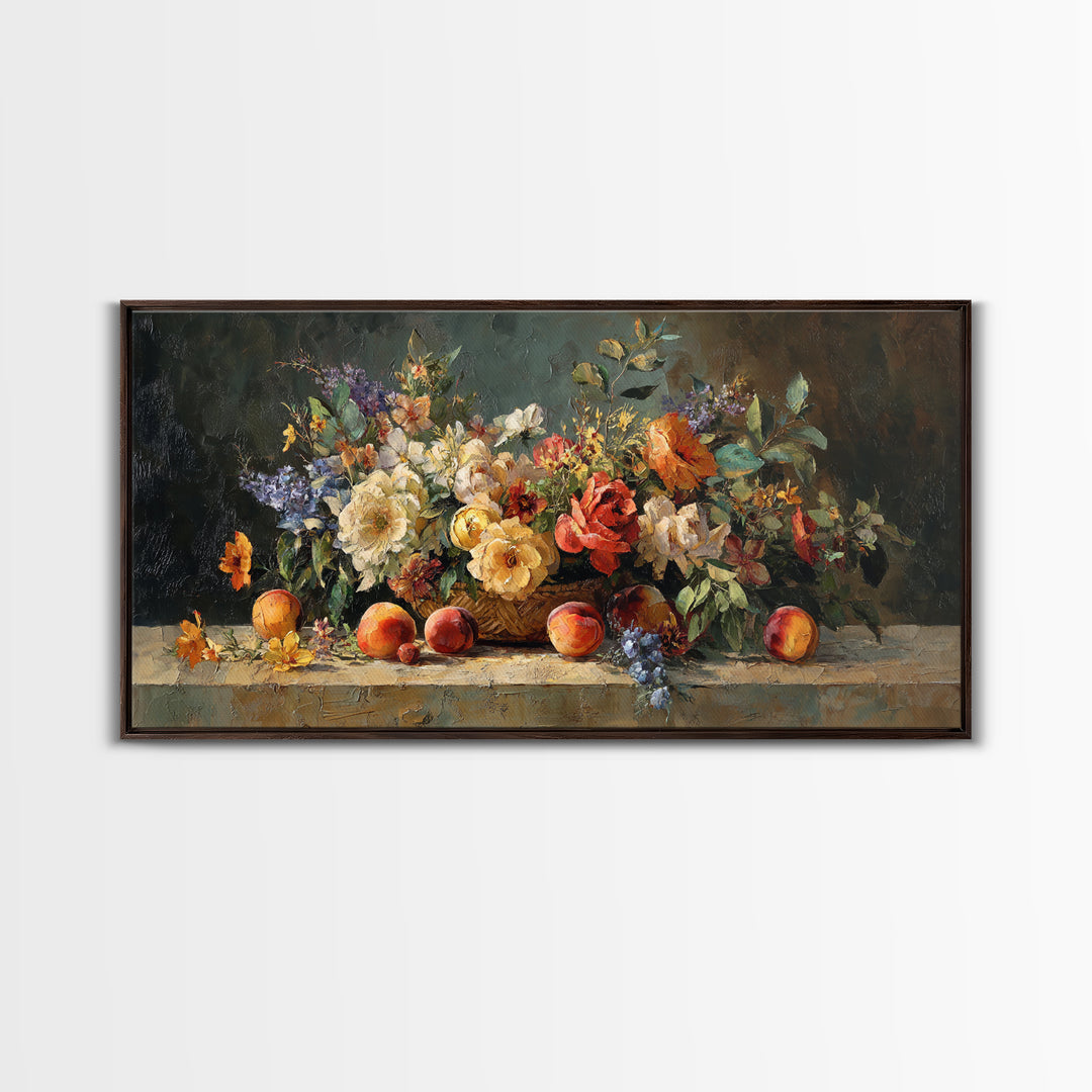 Basket of Fresh Peaches and Wildflowers Framed Canvas Print, French Country Art, Contemporary Art, Farmhouse Decor, Country, FCA-2x1-40