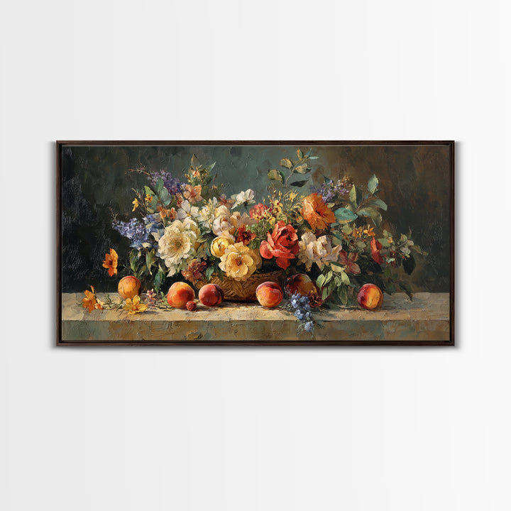 Basket of Fresh Peaches and Wildflowers Framed Canvas Print, French Country Art, Contemporary Art, Farmhouse Decor, Country, FCA-2x1-40