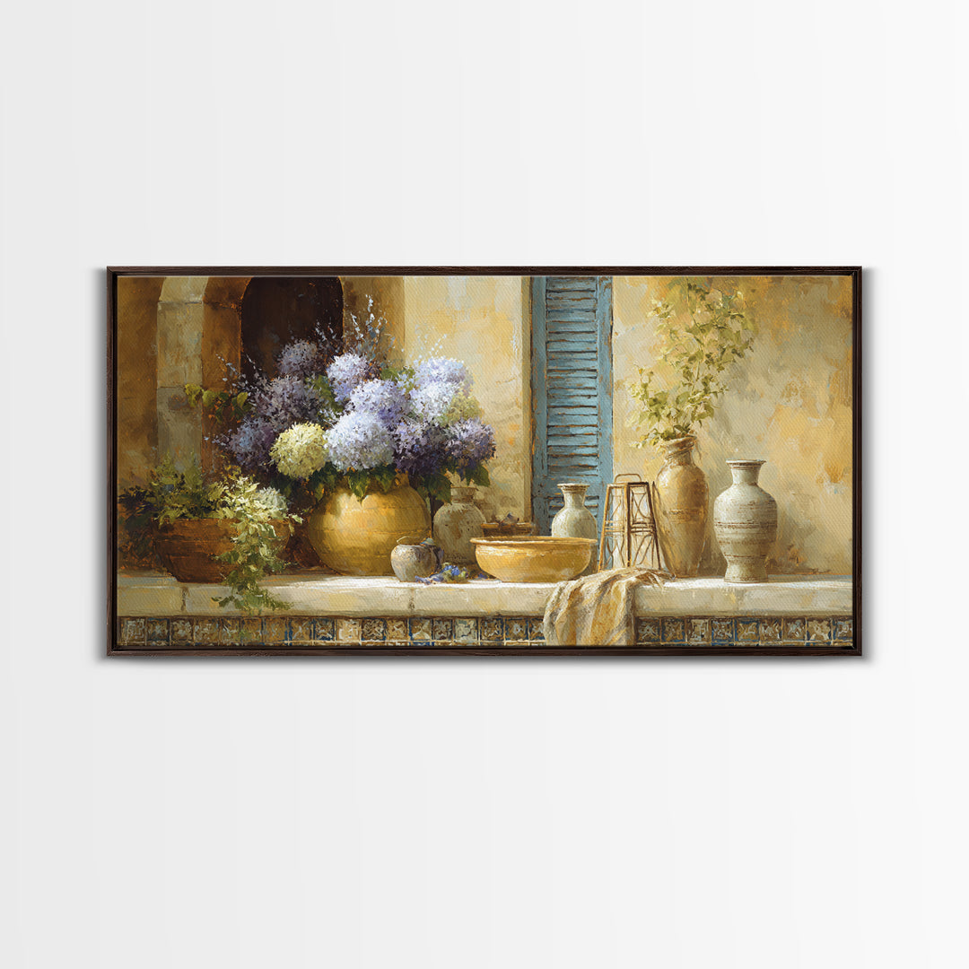 Soft Hydrangeas Beside Antique Shutters Canvas Print, French Country Art, Digital Prints, Farmhouse Decor, Fine Art, Country, FCA-2x1-52
