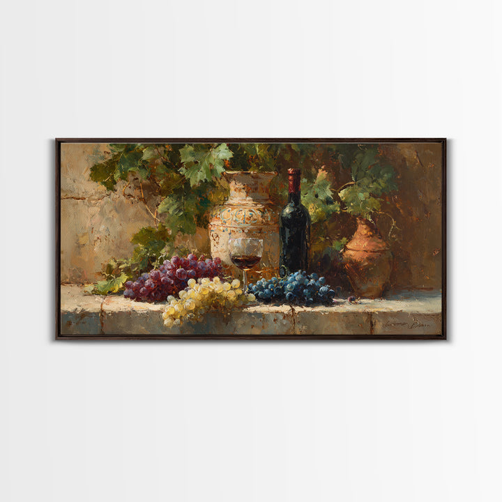 Grapes and Wine Still Life Canvas Print, French Country Art, Farmhouse Decor, Oil Painting, Country, Digital Wall Art, FCA-2x1-53