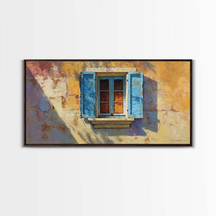 Weathered Window with Blue Shutters Framed Canvas Print, French Country Art, Boho Decor, Farmhouse Decor, Abstract Art, Country, FCA-2x1-65