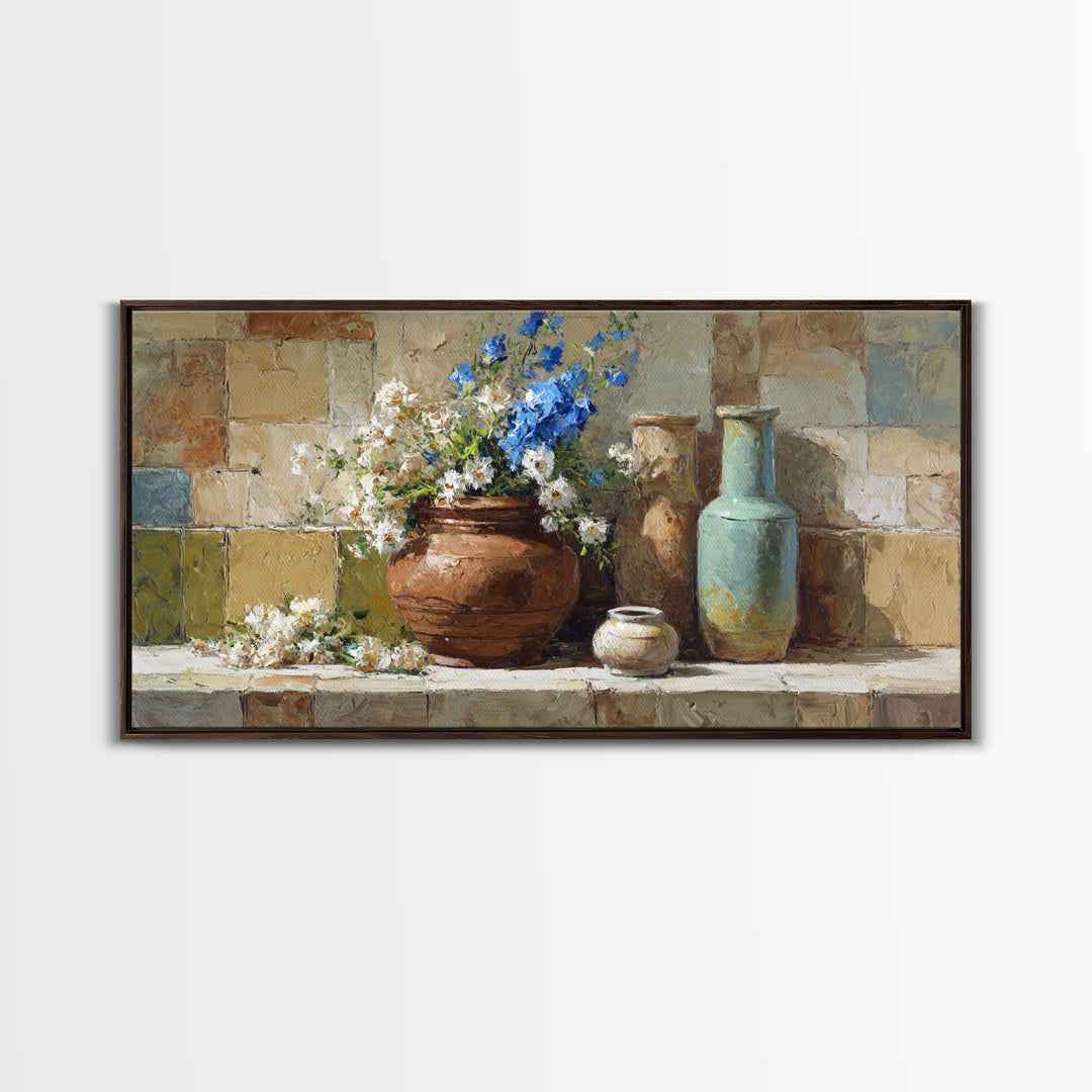 Antique Copper Pot and Flowers Still Life Canvas Print, French Country Art, Oil Painting, Farmhouse Decor, Watercolor Art, FCA-2x1-68
