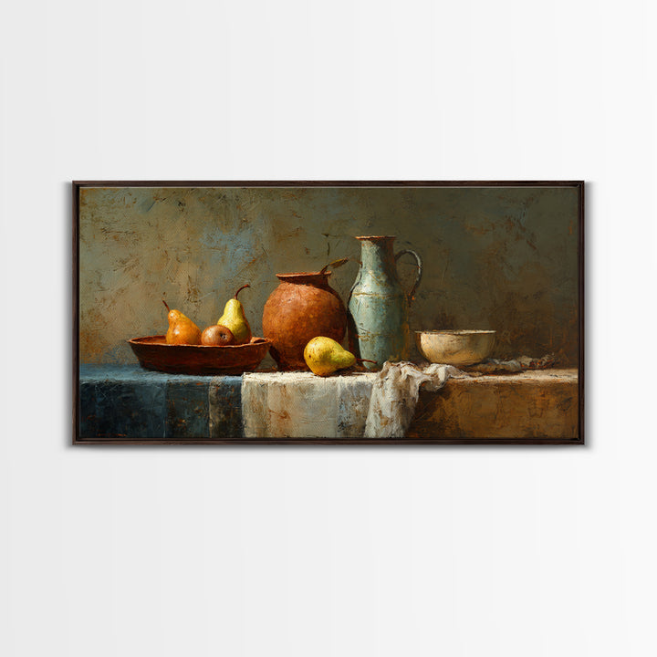 Pear Still Life on Linen Tablecloth Framed Canvas Print, French Country Art, Digital Wall Art, Farmhouse Decor, Abstract Art, FCA-2x1-72