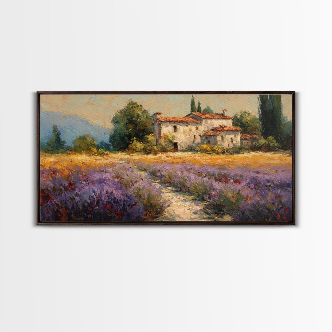 Lavender Field with Distant Stone Farmhouse Canvas Print, French Country Art, Minimalist Decor, Farmhouse Decor, Country, FCA-2x1-93