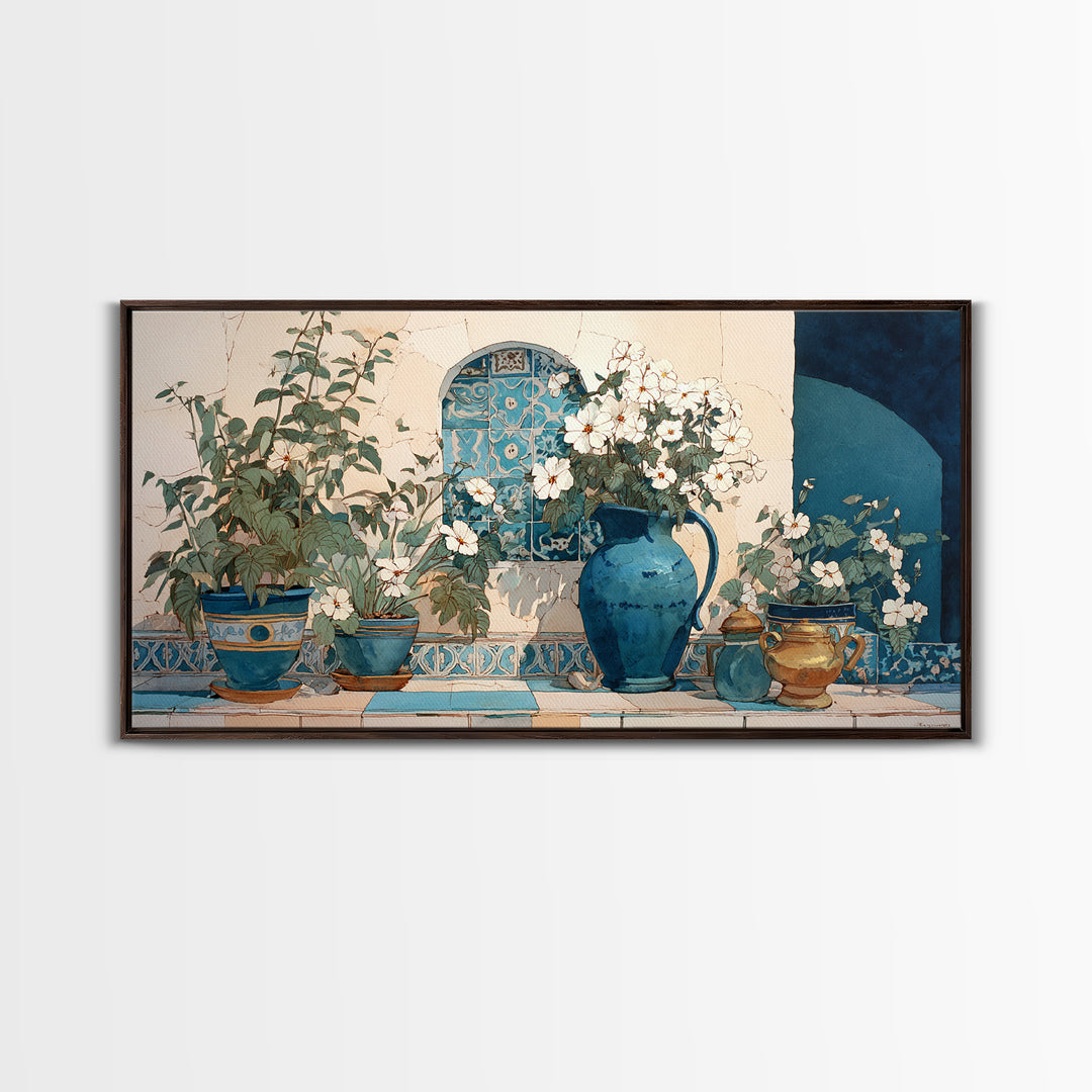 Blue and White Ceramic Pitcher Framed Canvas Print, French Country Art, French Country Decor, Farmhouse Decor, Oil Painting, FCA-2x1-95