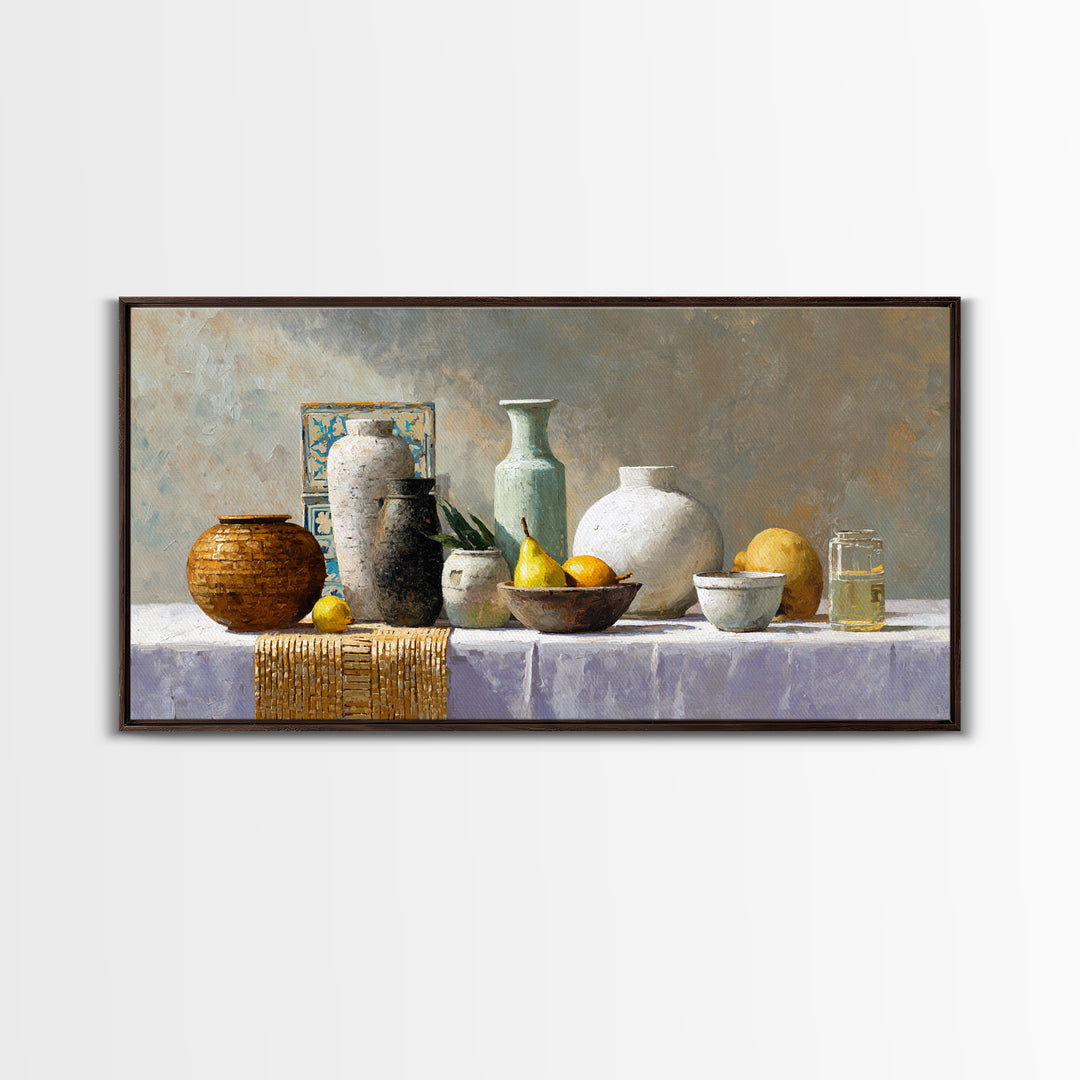 Pear Still Life on Linen Tablecloth Framed Canvas Print, French Country Art, Digital Art Prints, Farmhouse Decor, Country, FCA-2x1-96