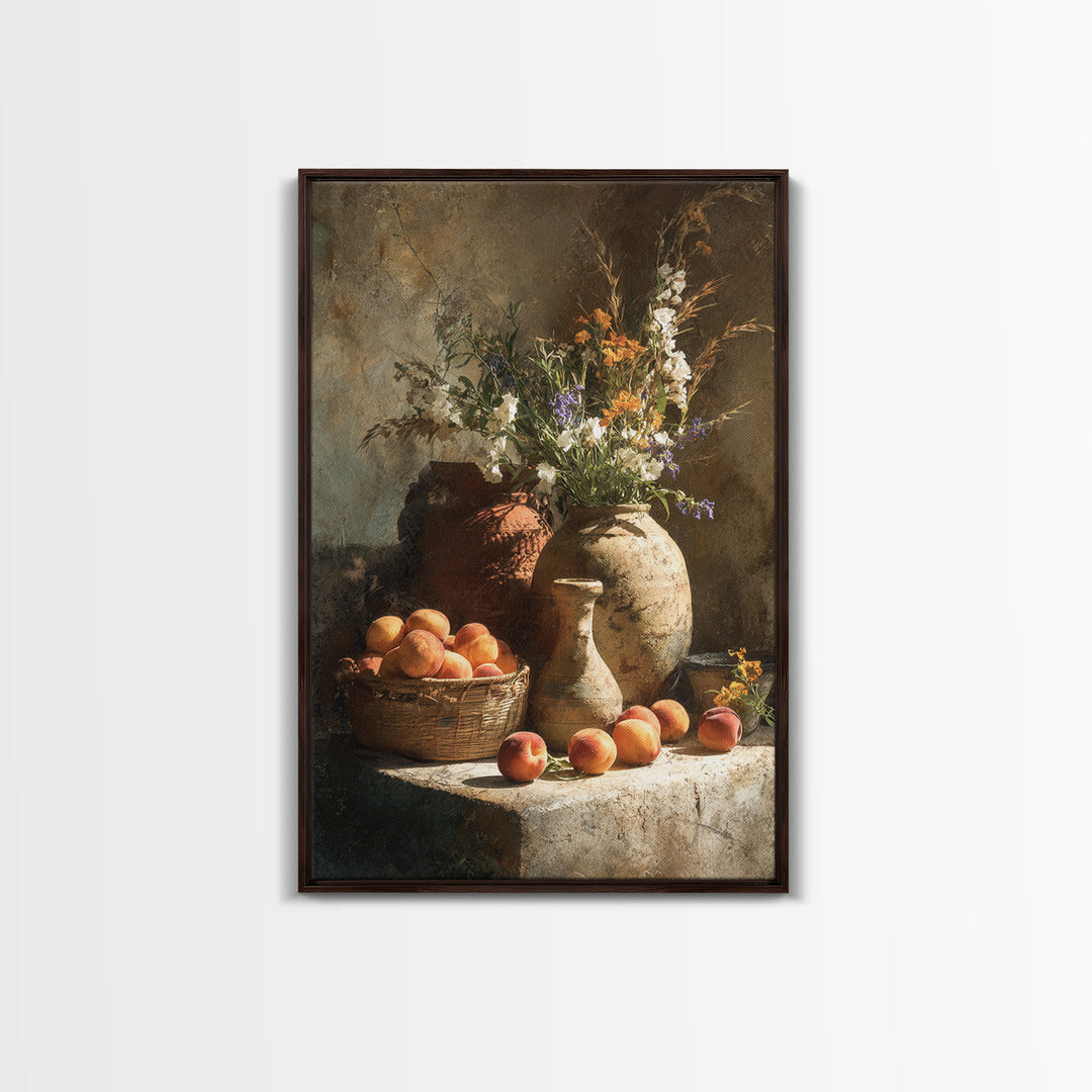 Basket of Fresh Peaches and Wildflowers Canvas Print, French Country Art, Floral Wall Art, Farmhouse Decor, Country, FCA-2x3-100