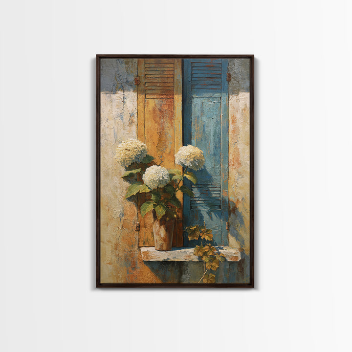 Soft Hydrangeas Beside Antique Shutters Canvas Print, French Country Art, Original Painting, Farmhouse Decor, Fine Art, Country, FCA-2x3-16