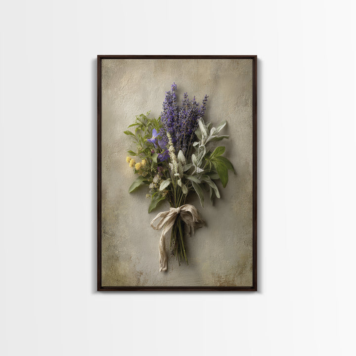 Farmhouse Kitchen Herbs Tied Framed Canvas Print, French Country Art, Above Bed Art, Farmhouse Decor, Oil Painting, Country, FCA-2x3-21