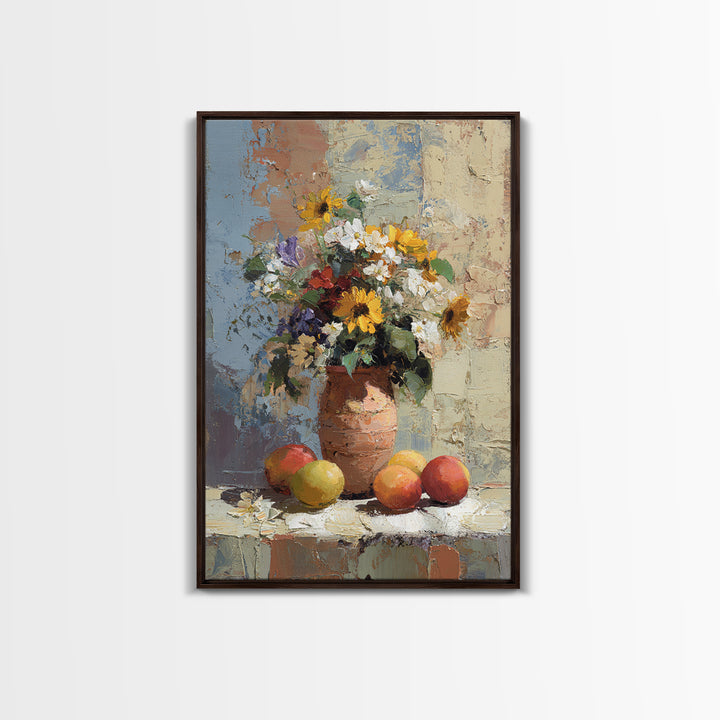Basket of Fresh Peaches and Wildflowers Canvas Print, French Country Art, Textured Painting, Farmhouse Decor, Country, FCA-2x3-28