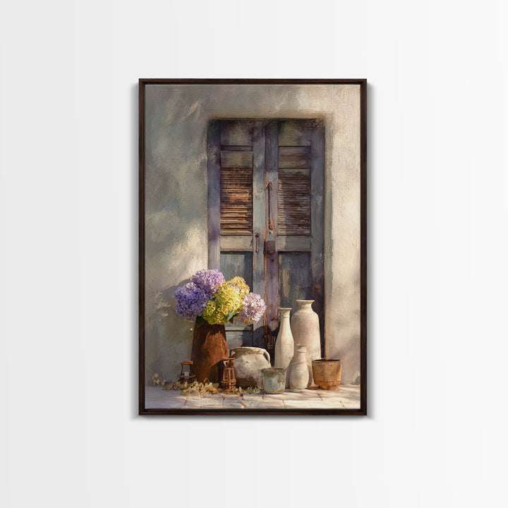 Soft Hydrangeas Beside Antique Shutters Canvas Print, French Country Art, Botanical Prints, Farmhouse Decor, Fine Art, Country, FCA-2x3-40