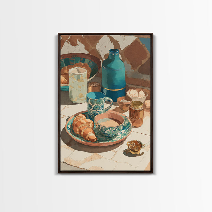 Caf Au Lait Bowl Framed Canvas Print, French Country Art, Above Bed Art, Farmhouse Decor, Watercolor Art, Country, FCA-2x3-42