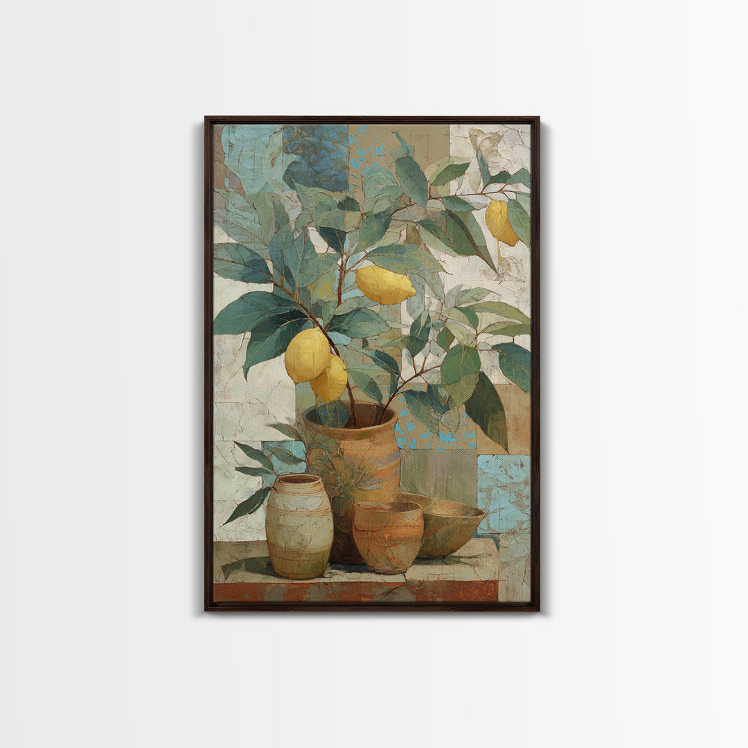 Aged Botanical Plate of Lemons and Leaves Framed Canvas Print, French Country Art, Farmhouse Decor, Watercolor Art, Country, FCA-2x3-44