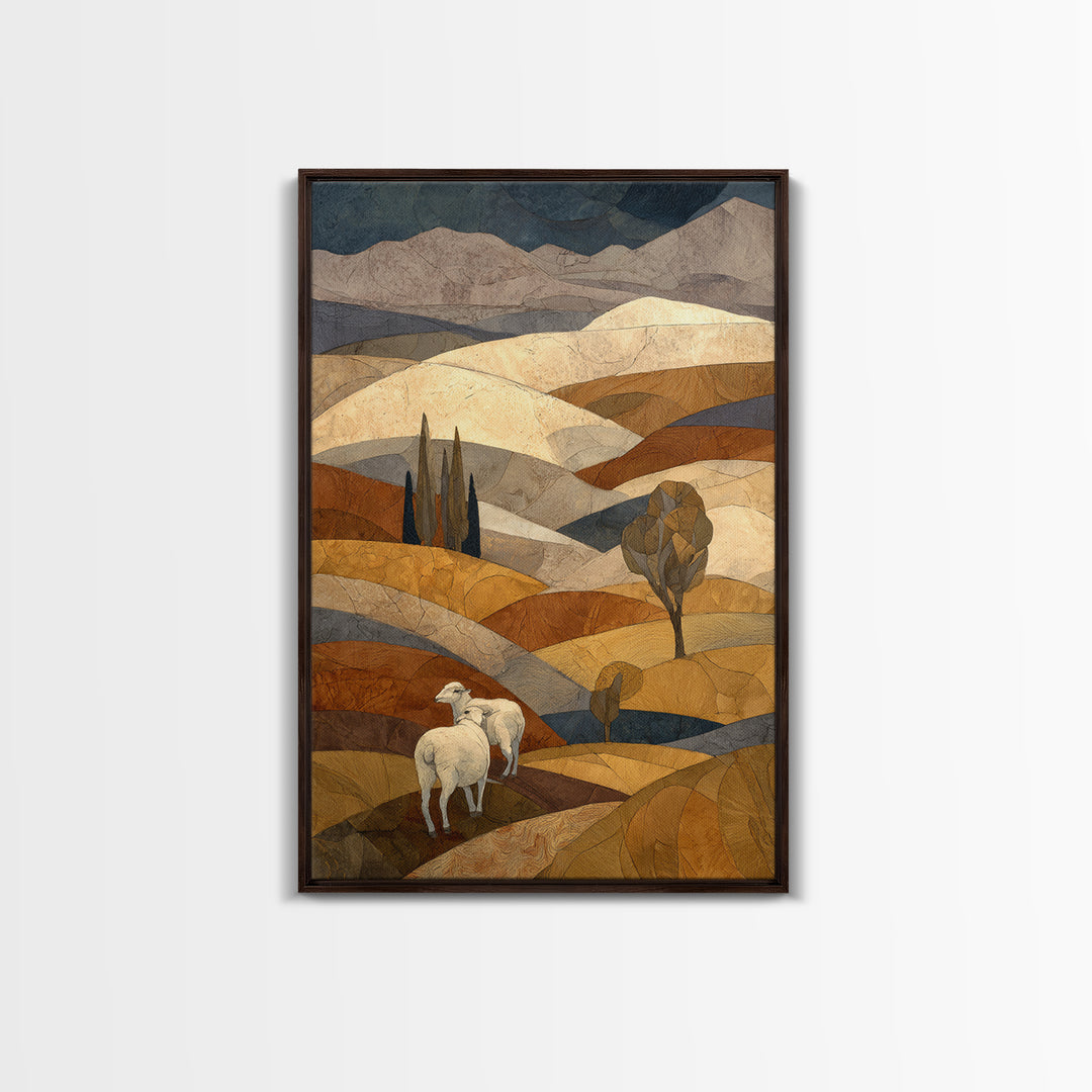 Pastoral Sheep in Rolling Countryside Framed Canvas Print, French Country Art, Home Decor, Farmhouse Decor, Fine Art, Country, FCA-2x3-46