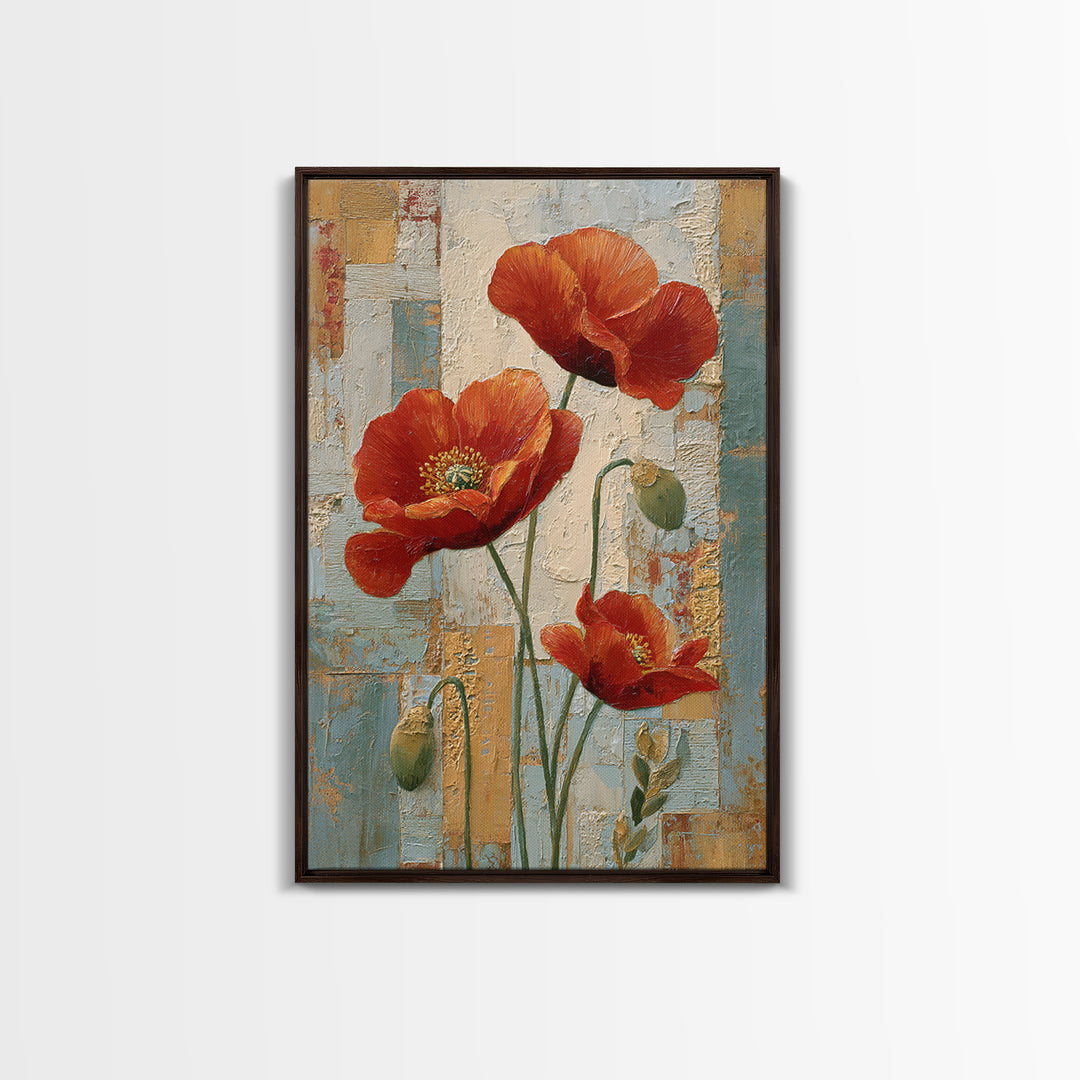 Poppies Beside a Stone Garden Wall Framed Canvas Print, French Country Art, French Country Decor, Farmhouse Decor, Country, FCA-2x3-47