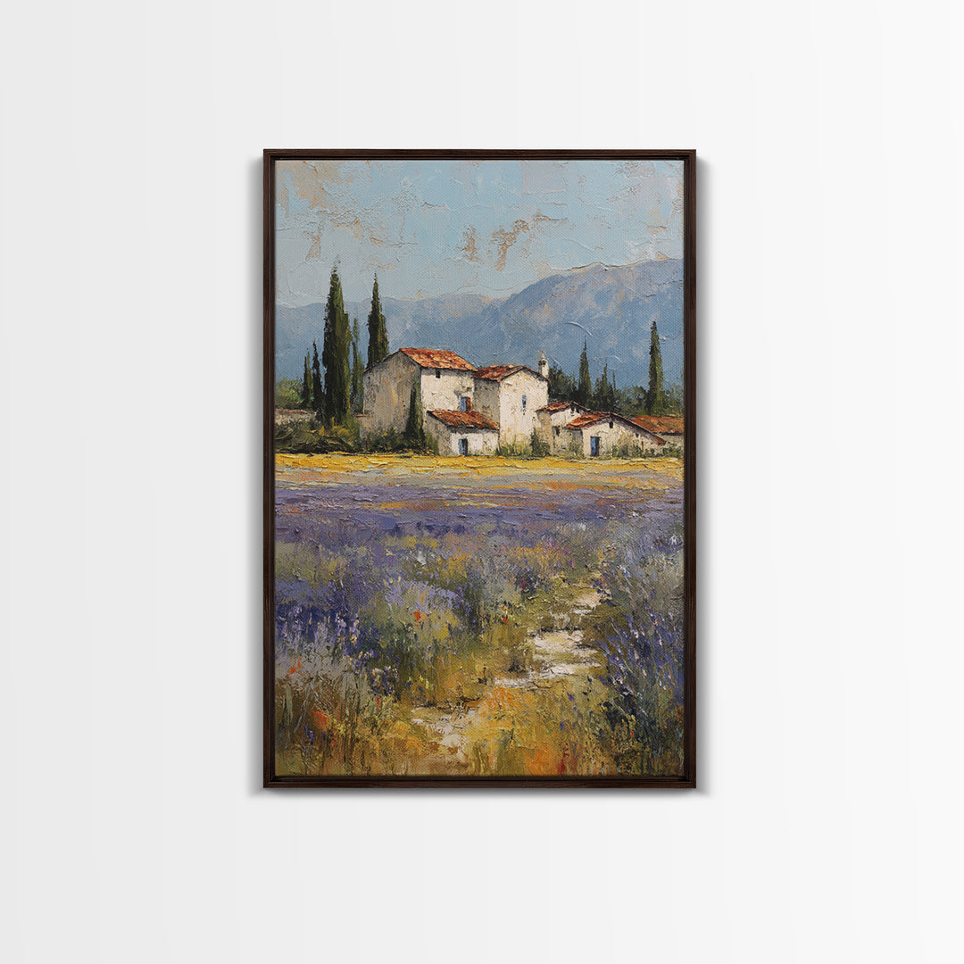 Lavender Field with Distant Stone Farmhouse Canvas Print, French Country Art, Minimalist Decor, Farmhouse Decor, Oil Painting, FCA-2x3-57