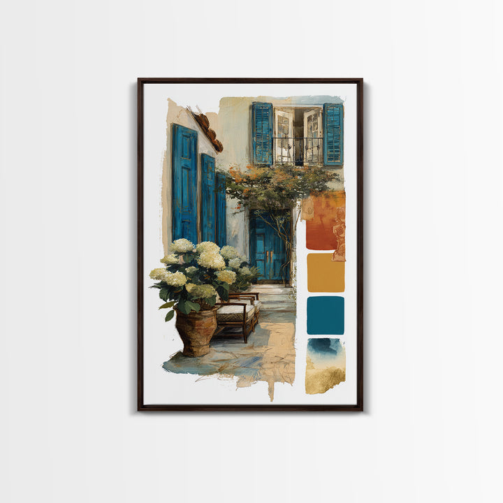 Soft Hydrangeas Beside Antique Shutters Framed Canvas Print, French Country Art, Eclectic Wall Art, Farmhouse Decor, Country, FCA-2x3-64