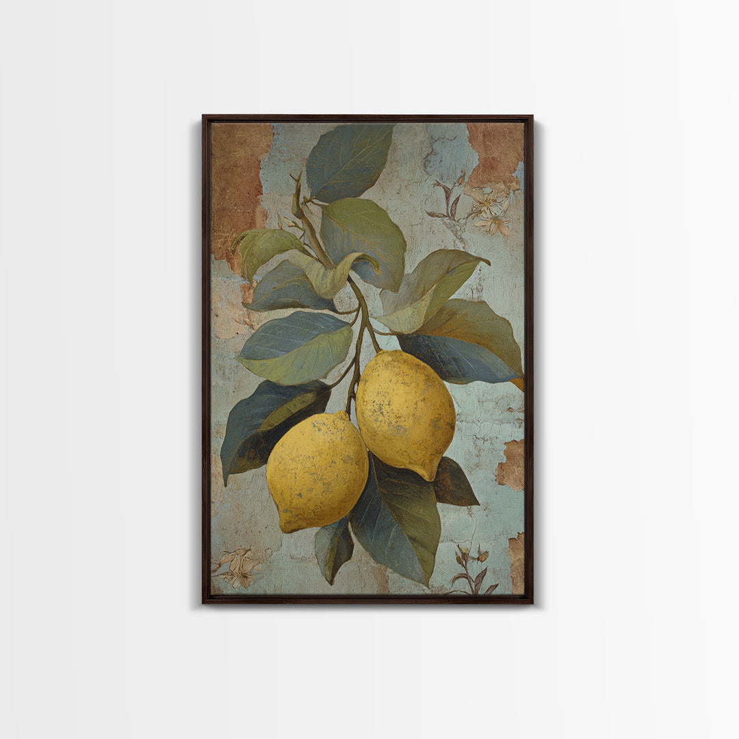 Aged Botanical Plate of Lemons and Leaves Framed Canvas Print, French Country Art, Modern Decor, Farmhouse Decor, Oil Painting, FCA-2x3-68