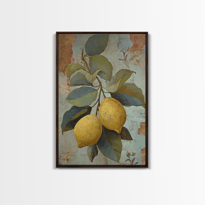 Aged Botanical Plate of Lemons and Leaves Framed Canvas Print, French Country Art, Modern Decor, Farmhouse Decor, Oil Painting, FCA-2x3-68