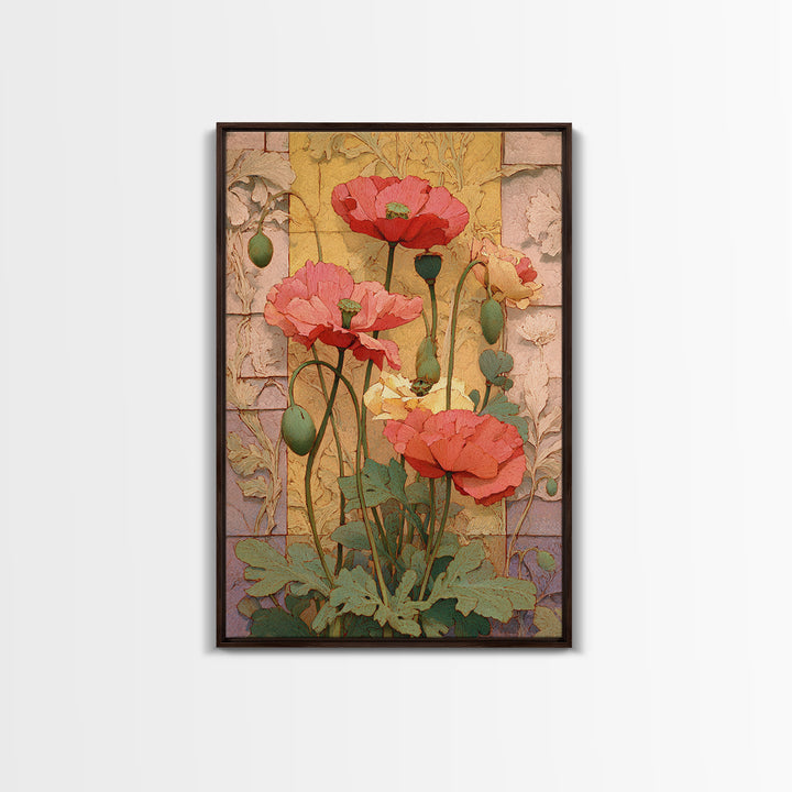 Poppies Beside a Stone Garden Wall Canvas Print, French Country Art, Digital Download Art, Farmhouse Decor, Oil Painting, FCA-2x3-71