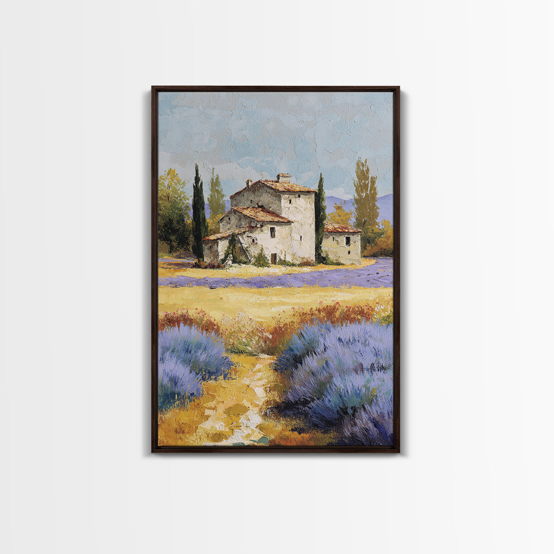 Lavender Field with Distant Stone Farmhouse Canvas Print, French Country Art, Minimalist Decor, Farmhouse Decor, Oil Painting, FCA-2x3-81