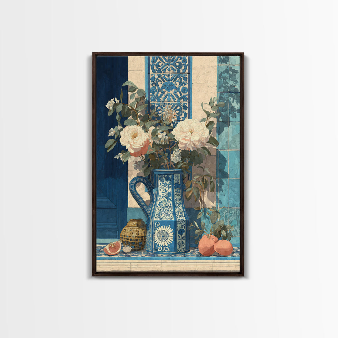 Blue and White Ceramic Pitcher Framed Canvas Print, French Country Art, Boho Decor, Farmhouse Decor, Fine Art, Country, FCA-2x3-83